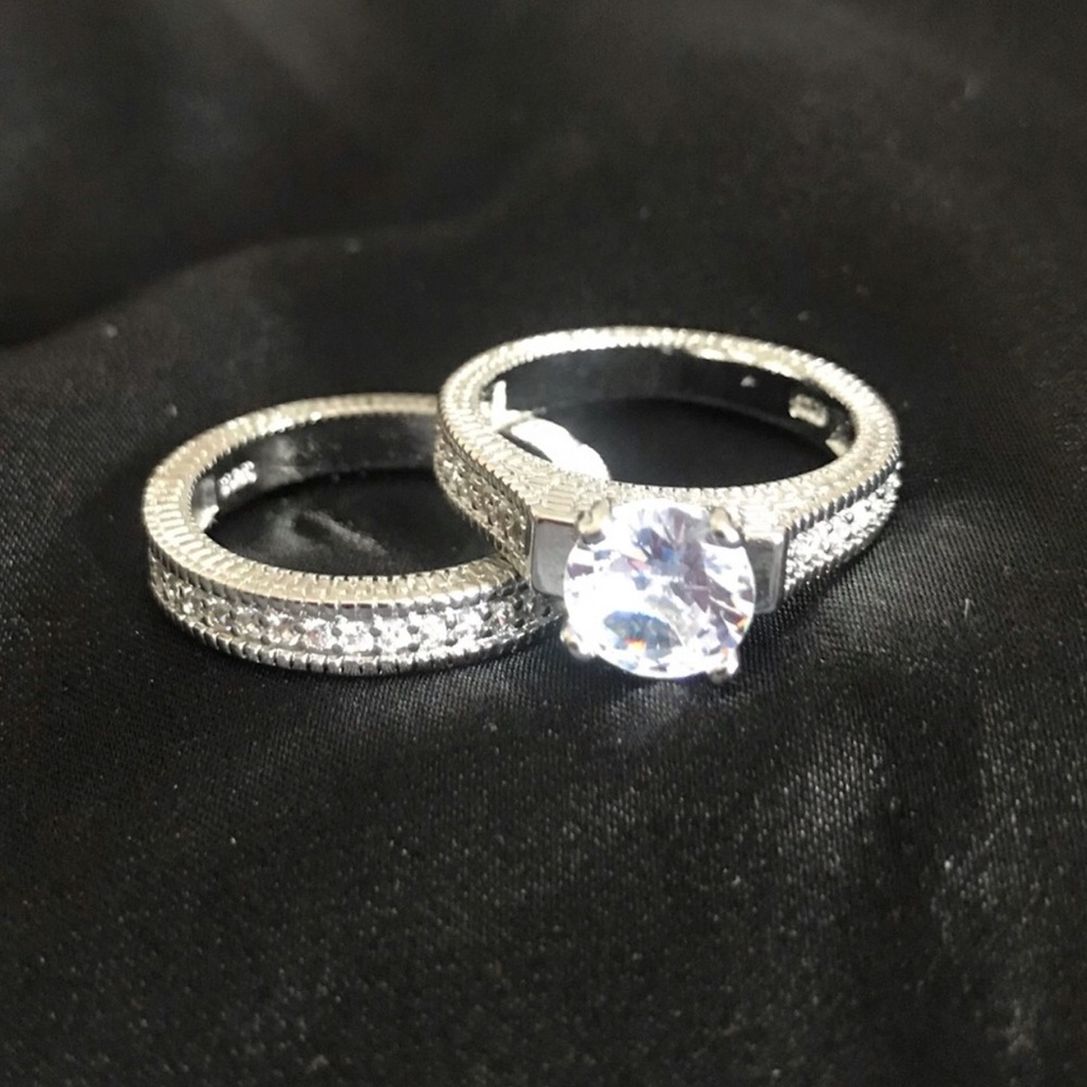 Silver Sparkling Solitaire & Pavé Wedding Ring Set - Clear CZ